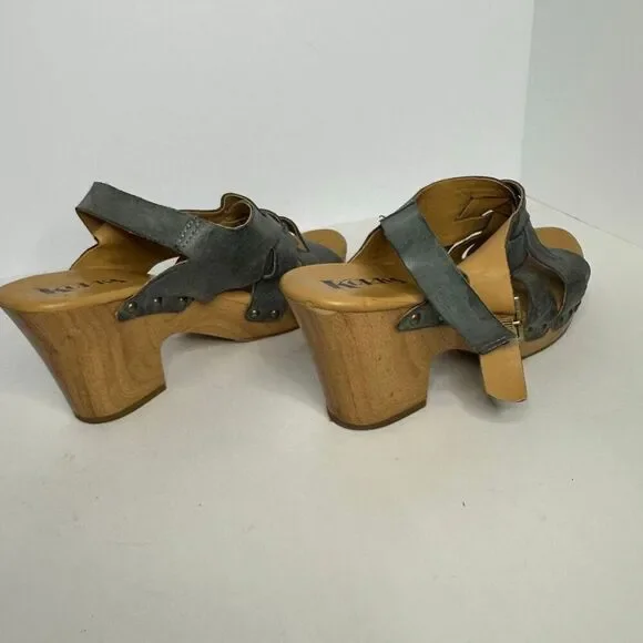 Korks Berengo Wood Heel Sandals Blue Leather | Women Size 10 - Picture 11 of 14